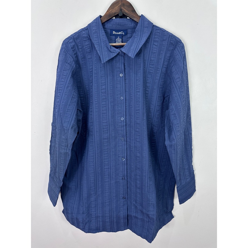 Denim & Co Blue Textured Seersucker Button Down Shirt Womens 1X Long Sleeve